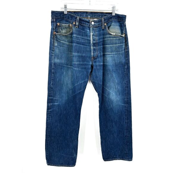 LEVI'S Mens 501 Straight Leg Distressed Button Fly Denim Blue Jeans Size 38 x 32 - Picture 1 of 7
